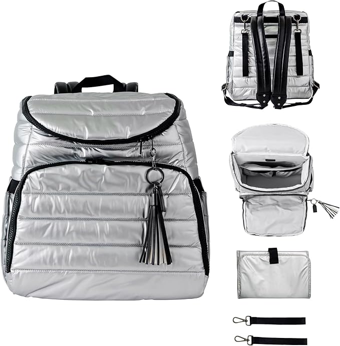 Citi Collective Gallery Diaper Bag Backpack - Casual Day-to-Day Backpack Fits 15" Laptop - Travel Bag with Multiple Compartments, Pockets, Portable Changing Pad, and Shoulder Strap-Silver