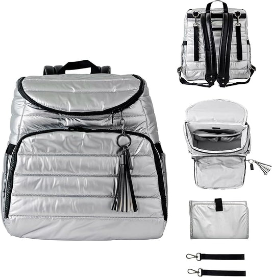 Citi Collective Gallery Diaper Bag Backpack - Casual Day-to-Day Backpack Fits 15" Laptop - Travel Bag with Multiple Compartments, Pockets, Portable Changing Pad, and Shoulder Strap-Silver