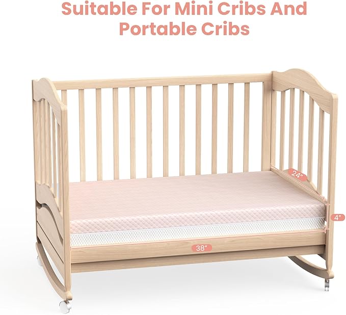 Mini Crib Mattress, 38x24X4 Inch Dual Sided Comfort Gel Memory Foam, Breathable Premium Baby Mattress for Mini and Portable Cribs w/Removable Outer Cover - White&Pink