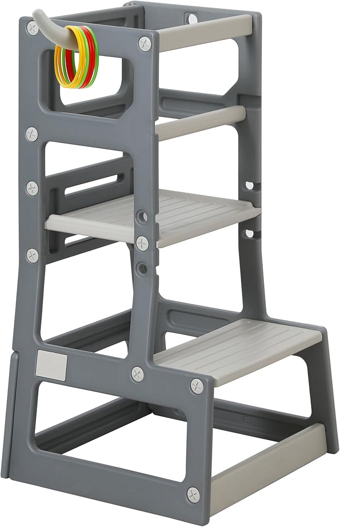 SDADI Adjustable Height Kids Kitchen Step Stool with Removable Safety Rails and Anti-Slip Protection- Toddler Standing Tower with with Ring Toss for Learning and Playing (Dark Grey and Light Grey)