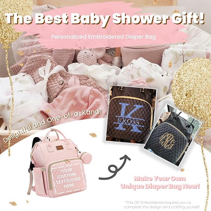 Pink Diaper Bag Backpack for Baby Girls - Baby Shower Gifts for Mom, Quilted Diaper Bag with Changing Pad, Pacifier Case, Insulated Pockets, Stroller Straps, 35L Large Capacity - Cute