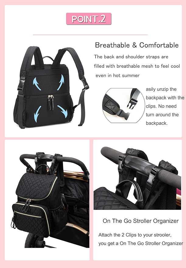 Large Capacity Diaper Bag Backpack with Stroller Buckle, Water-Resistant Travel Baby Bag with Insulated Pockets (Classic, Pink)