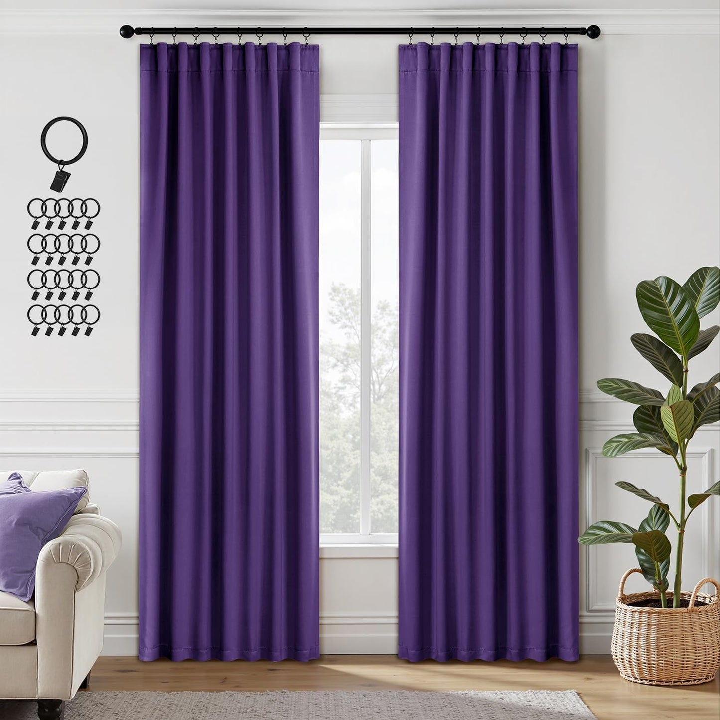 ANRODUO Back Tab Blackout Curtains for Bedroom Living Room, Rod Pocket Pinch Pleated Thermal Insulated Room Darkening Curtains 90 Inches Long 2 Panels, Purple, 42 x 90 Inch