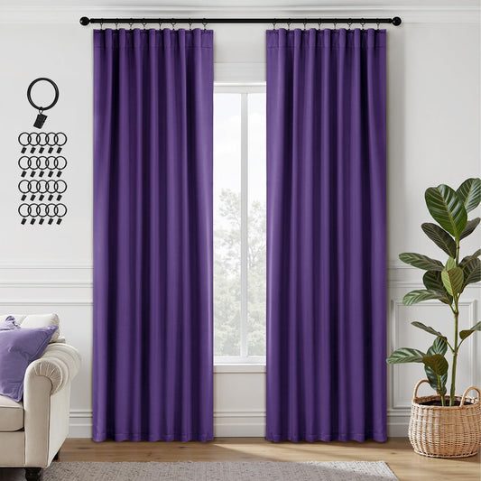 ANRODUO Back Tab Blackout Curtains for Bedroom Living Room, Rod Pocket Pinch Pleated Thermal Insulated Room Darkening Curtains 90 Inches Long 2 Panels, Purple, 42 x 90 Inch