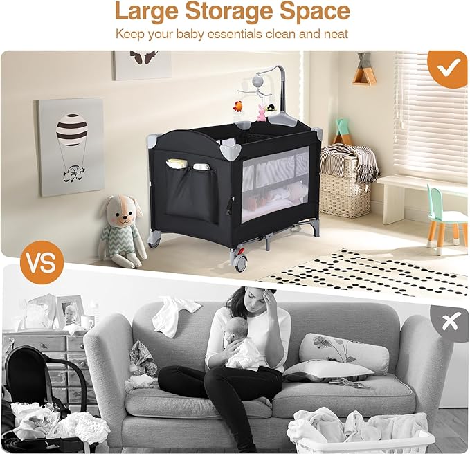 JOYMOR 4 in 1 Pack and Play, Baby Bedside Bassinet, Sturdy Play Yard with Padded Mat and Toy bar with Soft Toys