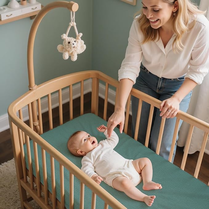 Baby Bassinet Sheets TPU Waterproof 2 Pack Soft Muslin Bedside Bassinet Mattress Sheets with Bottom Elastic Band for Baby Boy Girls Unisex Fit Hourglass Oval and Rectangle, Green Ivory