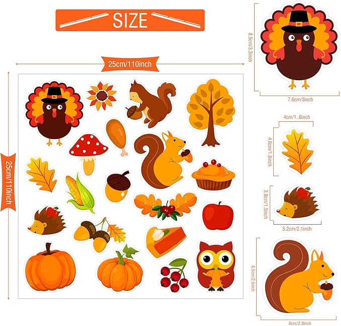 20 PCS Autumn Clings Fall Thick Gel Cling Window Gel Decals Stickers for Kids, Toddlers and Adults Home Airplane Classroom Nursery Autumn Fall Thanksgiving Party Supplies Decorations (Thanksgiving)
