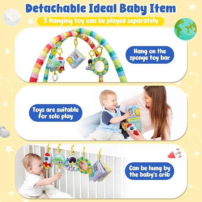 OKOOKO Baby Play Mat, Activity Baby Play Gym with Arch, Solor System Playmats & Floor Gyms, Alphabet Mat, Detachable Mirror, Thick Non Toxic Playmats for 0+