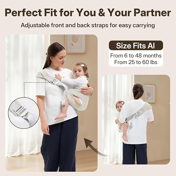 Toddler Carrier for 25-60 lbs,Comfortable&Lightweight Baby Sling Carrier,Adjustable with Left/Right Shoulder Straps,One Size Fits All,Ideal for Shopping and Travel-Khaki