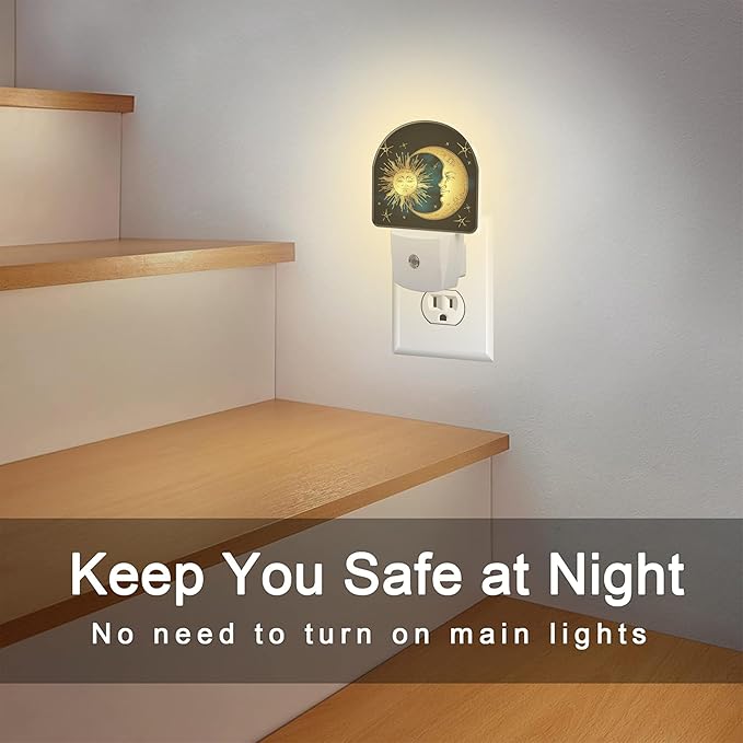 Crescent Moon and Stars Night Light Plug into Wall,Boho Sun Moon Dusk to Dawn Night Light Plug in,0.5w Energy Saving Sleep Friendly NightLight for Kids Boys Girls Home Decor