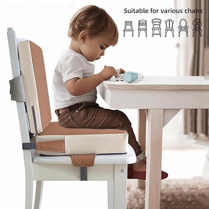 Booster Seat for Dining Table, PU Anti-Scratch Easy Cleaning Kids Toddler Booster Seat for Table, Portable Travel Increasing Cushion for Chair - Brown