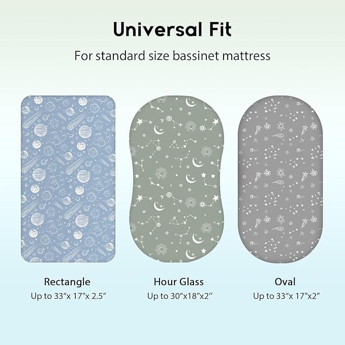 Baby Bassinet Sheets Girl Boy, Fitted Bassinet Sheet Set 3 Pack Bassinet Mattress Sheets Universal Fit for Rectangle, Round, Oval, Hourglass Mattress, Soft Breathable Green Gray Constellation
