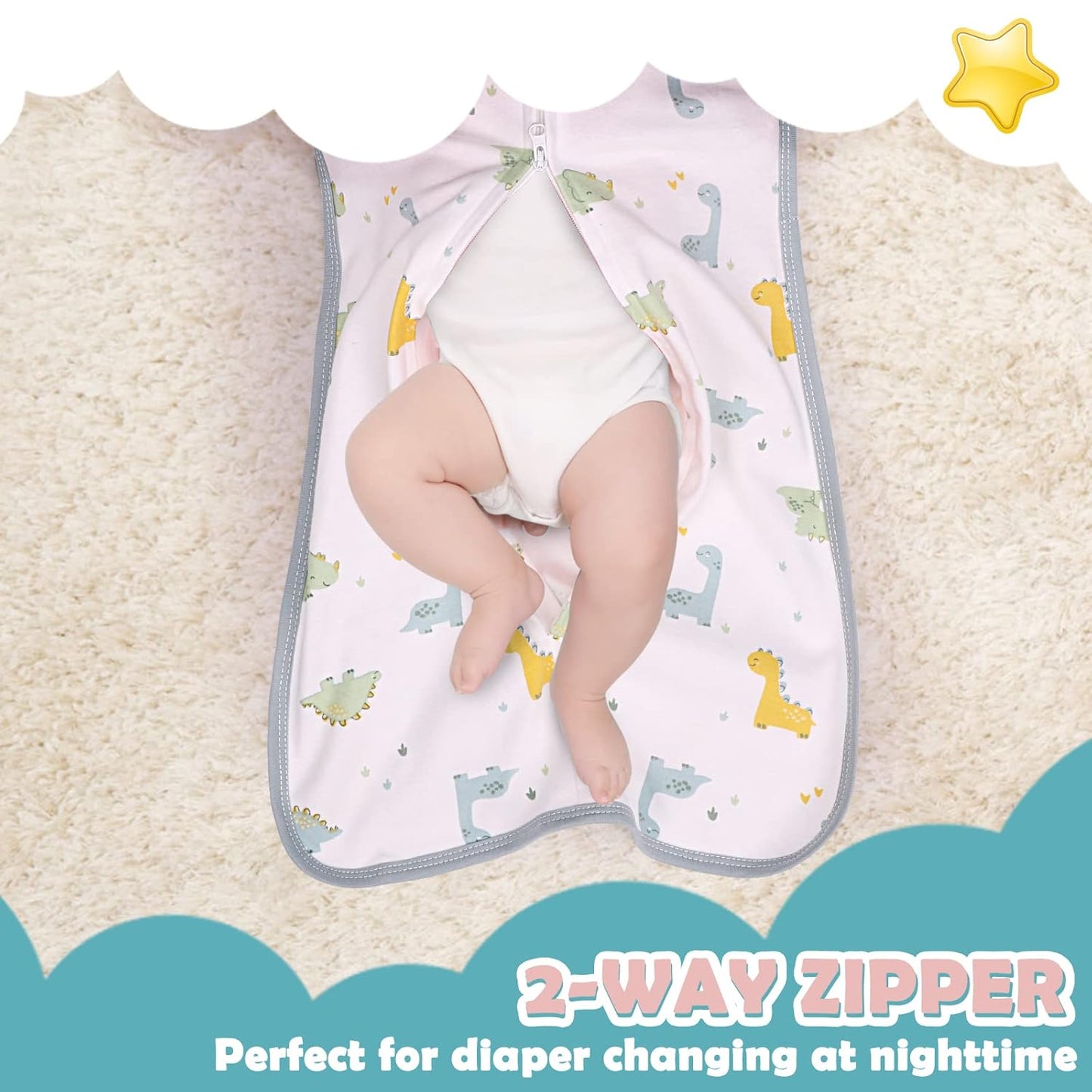 2 Pack Transition Swaddle with 2 Way Zipper, 2 in 1 Arms in/Out Transitional Arms Up Swaddle, 100% Cotton Newborn Swaddles Zipper Swaddles Baby Swaddling Sack Sleeping Sack 0-3 Months, Dinosaur & Bear