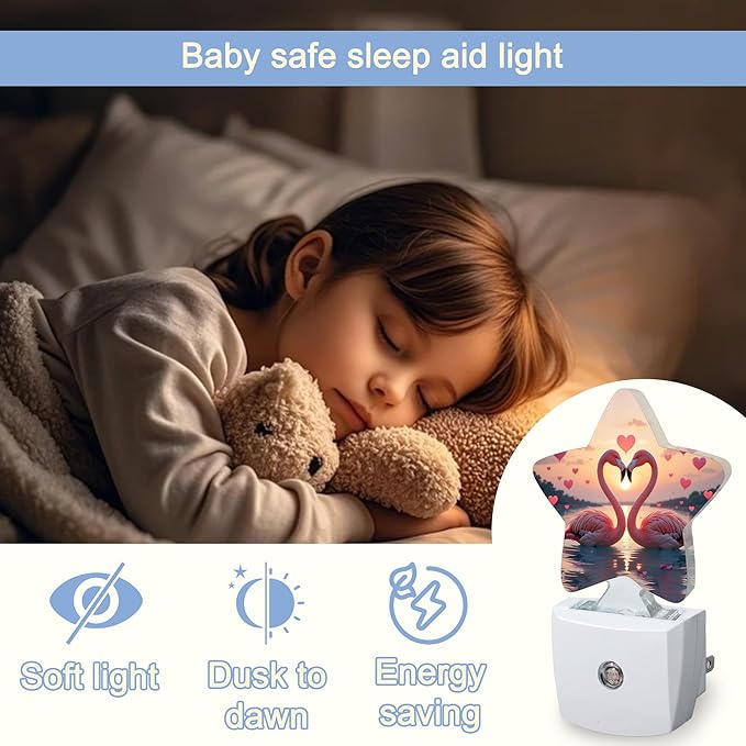Beach Flamingos Night Lights Plug Into Wall,Romantic Love Heart Star Night Light for Kids,Nightlight with Dusk to Dawn Smart Sensor for Bedroom Bathroom Decor,Children Women Men Gift