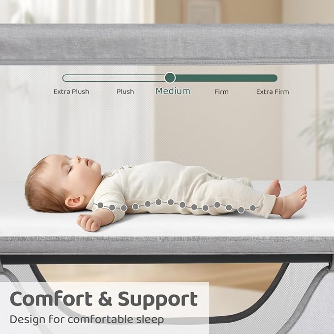 Cowiewie Bassinet Bedside Sleeper, Portable, Breathable, Adjustable Baby Bedside Bassinet for Peaceful Nights, Light Grey