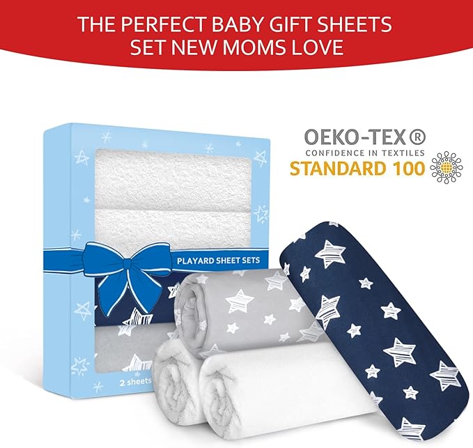 Pack and Play Sheets & Waterproof Terry Pack N Play Mattress Protector Pad Cover 4 Pack, Viscose Terry Pack N Play Sheets Set, Grey & Navy