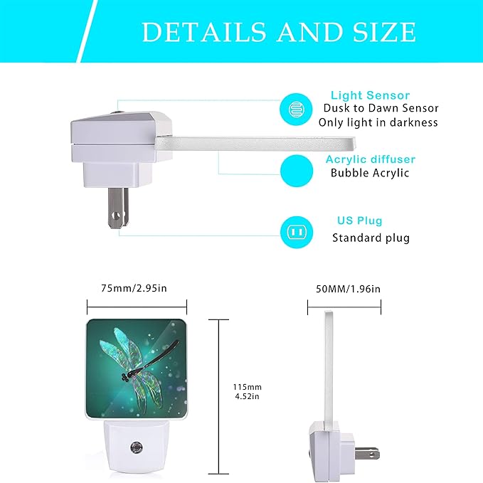 Dragonfly Night Light,Fantasy Green Dragonfly Plug-in Night Lights with Dusk-to-Dawn Sensor for Bedroom, Bathroom and Living Room Sleep Friendly lamp for Women/Girls/Boys Gift,0.5W
