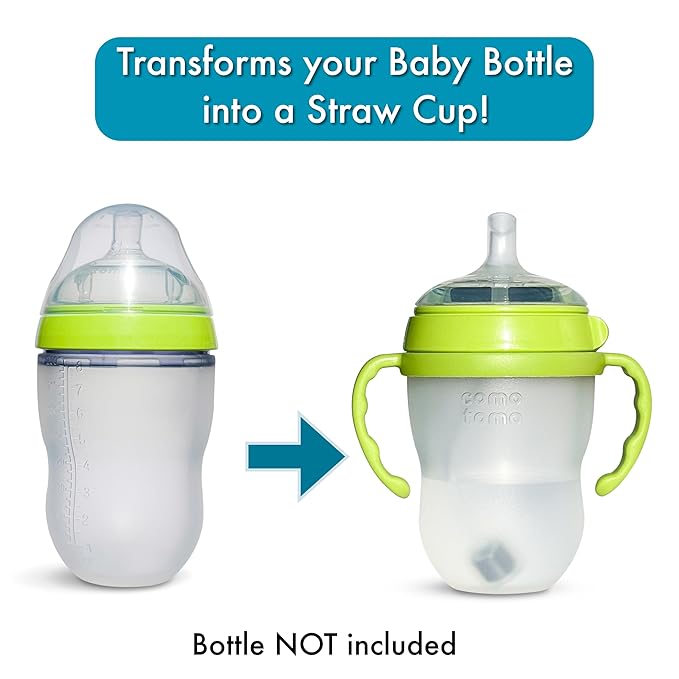 Straw Cup Conversion Kit for Comotomo Baby Bottles 2-Count, Food Grade Silicone Straw Nipples, All Silicone Weighted Straw, Bottle Handles and Cleaning Brush, BPA Free, 6+ Months (Straw Top, Green)