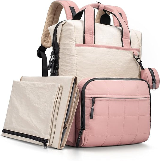 VONAL Diaper Bag Backpack, Lightweight Baby Diaper Bags, Travel Large Diaper Bag with Changing Station, Pink Diaper Backpack for Boys Girls Newborn with Insulated Pockets, Stroller Straps