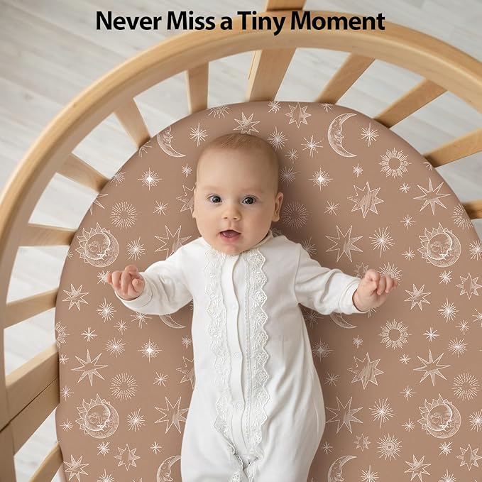 Baby Bassinet Sheets Girl Boy, Fitted Bassinet Sheet Set 3 Pack Bassinet Mattress Sheets Universal Fit for Rectangle, Round, Oval, Hourglass Mattress, Soft Breathable White Brown Sun God
