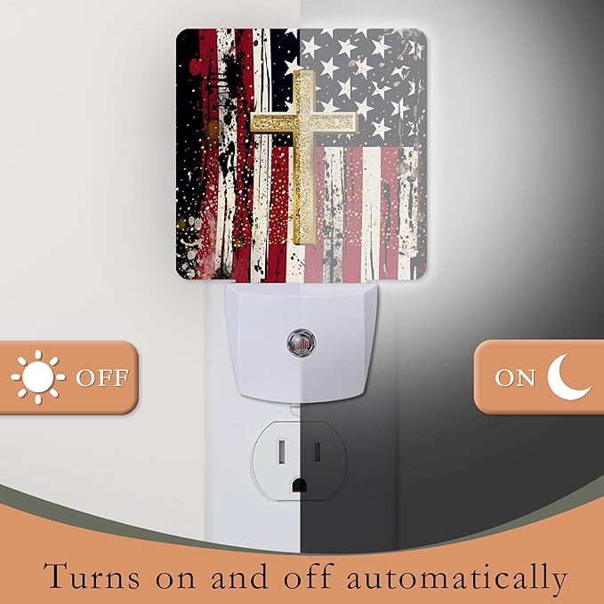 Night Light Plug into Wall,American Flag Cross Night Light with Dusk to Dawn Sensor Night Light for Kid Girls Boys Women Men Room Decor,Hallway,Kitchen,Bathroom,Nursery,Stairs