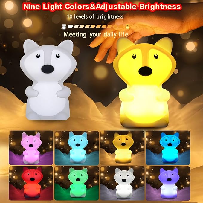 WHA&DARREN Fox Night Light for Kids, Portable, Baby Lights, Rechargeable Silicone Baby Night Light, Girls and Boys Animal Lamp, Kawaii Lamp