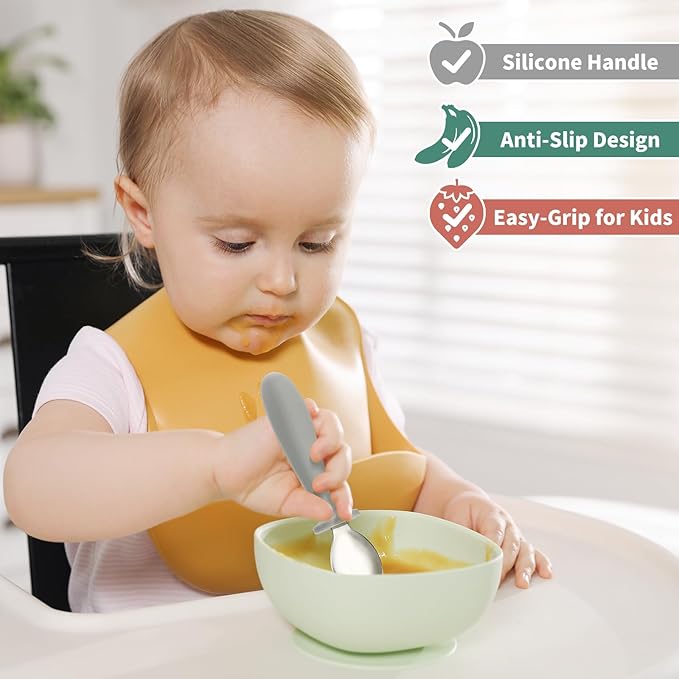 DRKIO 8 Pieces Toddler Utensils Set - Kids Silverware Set with Silicone Handle Children Safe 18/8 Stainless Steel Forks and Spoons Anti-Choke Design Food Grade Dishwasher Safe