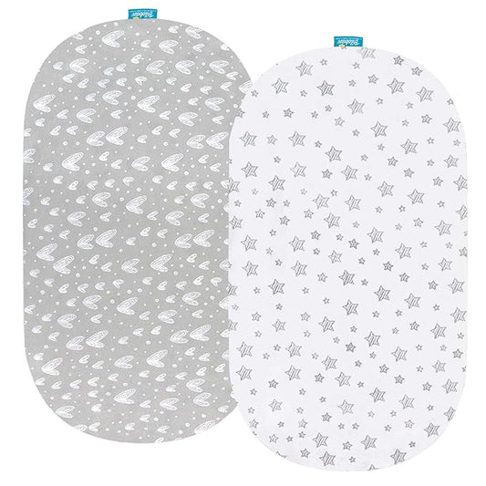 Bassinet Sheets Fit for Oval, Hourglass, Rectangle Bassinet Mattress, 2 Pack 100% Cotton Sheets for Halo, 4moms, Maxi-COSI, Delta, Baby Delight Bassinest, Unisex Fitted Sheet for Baby Boy Girl