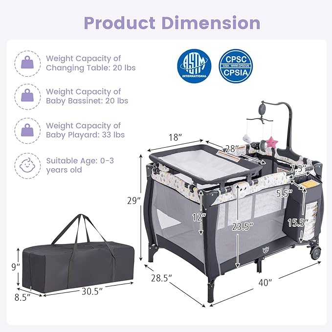 Costzon 3 in 1 Pack and Play with Bassinet, Portable Baby Playard with Changing Table, Music Box, Whirling Toys, Wheels/Brake, Basket, Bag, Foldable Infant Bassinet for Baby Toddlers Indoor Outdoor