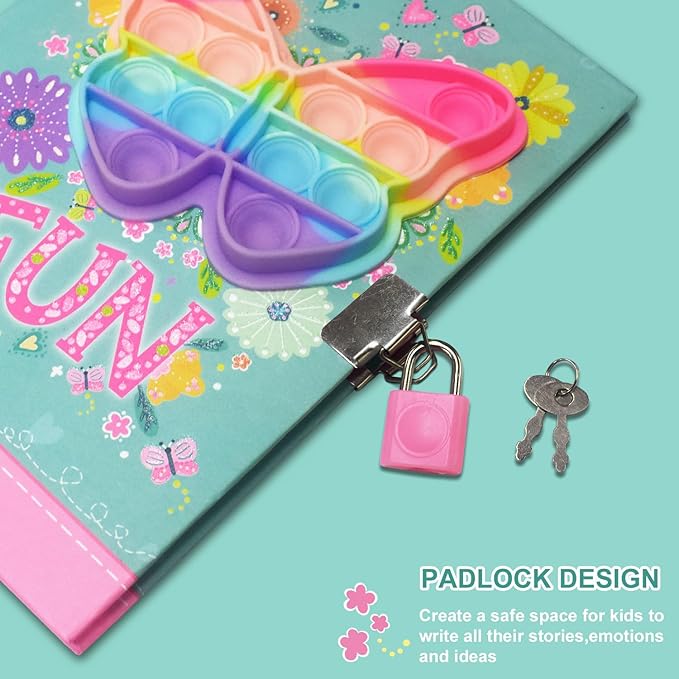 Pop Girls Diary with Lock and Invisible Ink Double-end Pen, 7.5x5.4 Inch 160 Lined Page Fidget Butterfly Girl Journal for Kids Secret Notebook Pen Set Birthday Gifts for Girls 5 6 7 8 9 10 Years Old