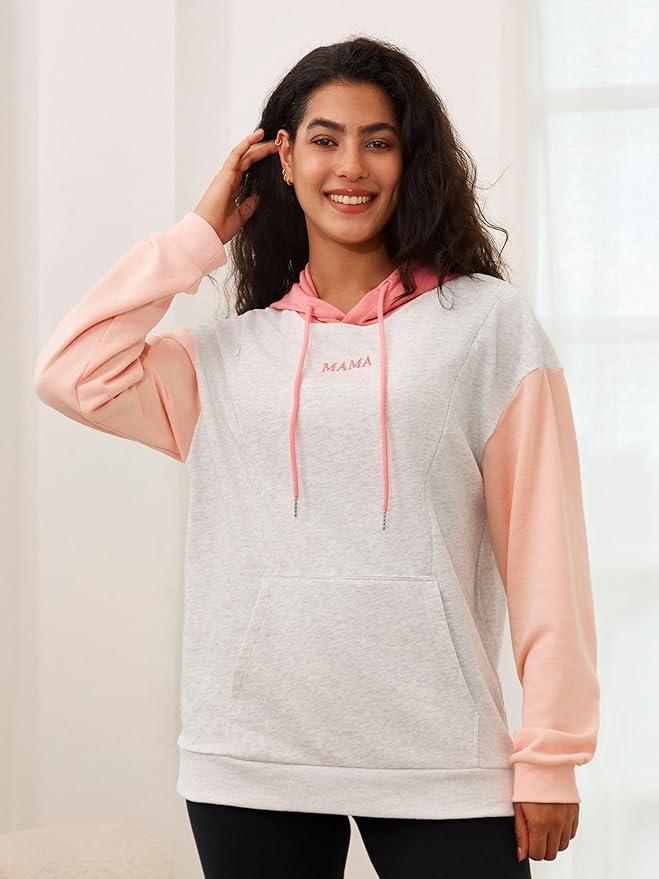 Nursing Hoodie for Breastfeeding Maternity Sweatshirt with Zippers Postpartum Nursing Top Colorblock Clothes