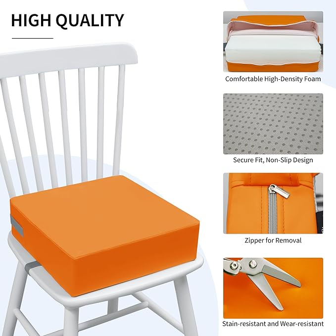 Toddler Booster Seat for Dining Table, 2 Elastic Seat Belts, Anti Scratch PU Skin-Friendly, Waterproof, Anti-Wrinkle, Detachable Non-Slip Bottom - Orange