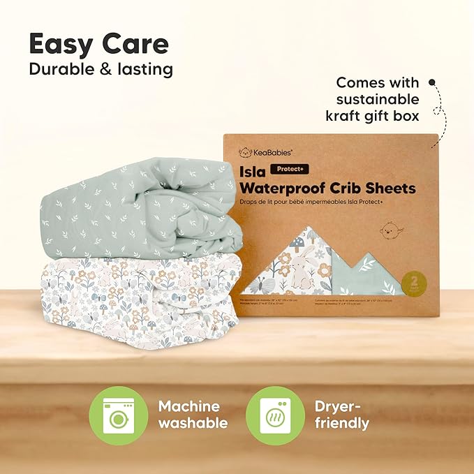 2-Pack Waterproof Baby Crib Sheets for Boys, Girls - 52x28 Viscose Derived from Bamboo Toddler Bed Sheet Neutral, Fitted Crib Mattress Protector Cover for Baby Bedding, Soft & Gentle (Prairie)
