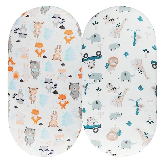 Bassinet Sheet Set 2 Pack Snug Fitted Cradle Fitted Sheets, Stretchy Ultra Soft, for Oval Rectangle Hourglass Bassinet Mattress, Unisex Boy Girl, Tiger Elephant & Fox