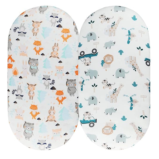 Bassinet Sheet Set 2 Pack Snug Fitted Cradle Fitted Sheets, Stretchy Ultra Soft, for Oval Rectangle Hourglass Bassinet Mattress, Unisex Boy Girl, Tiger Elephant & Fox