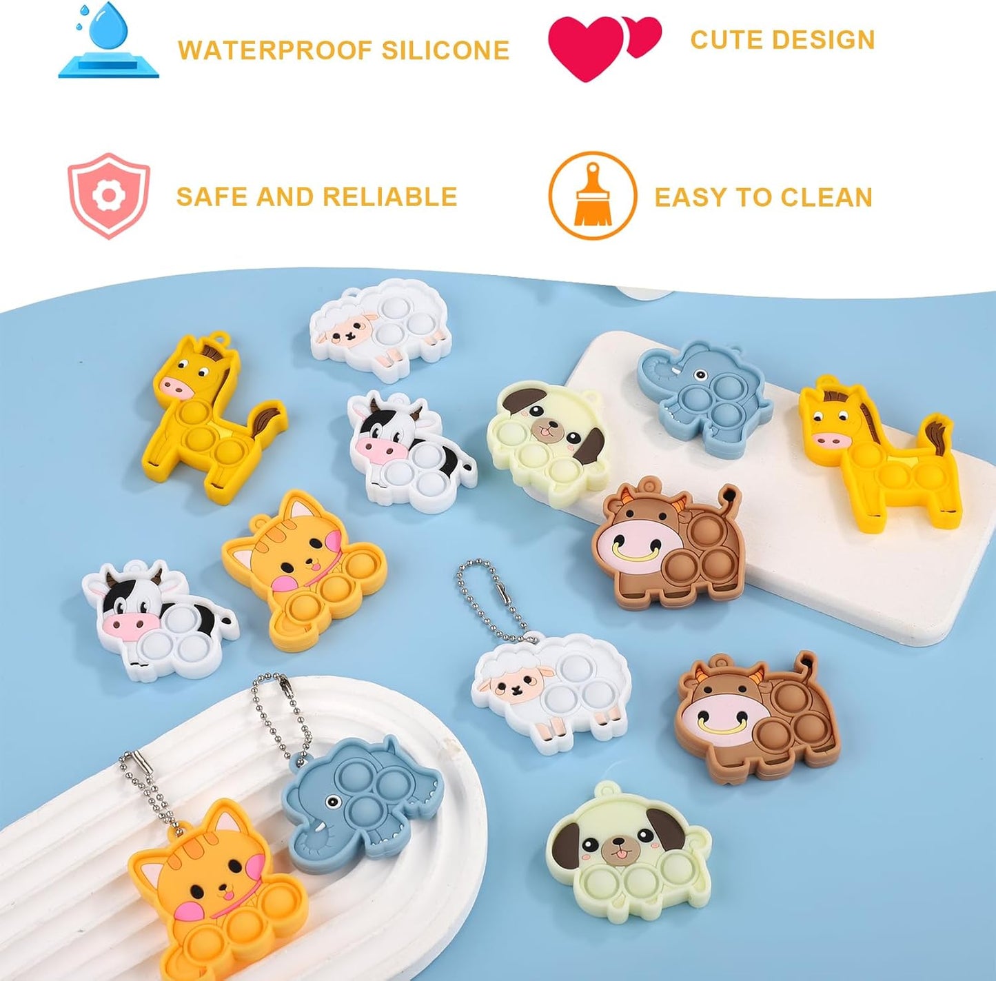 14pcs Animal Pop Fidget Toys Party Favors, Silicone Animal Fidget Sensory Toys Soft Keychain Bubble Popping Toy Packs for Treasure Box Toys Gift Bag Fillers Kids Prize Treasure Box