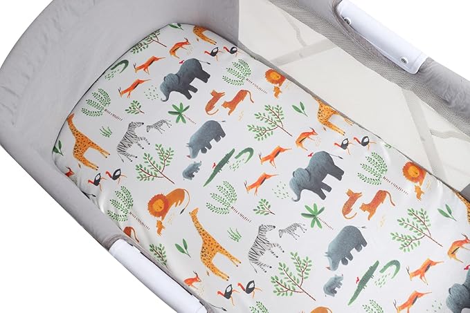 Bassinet Sheet Set 2 Pack Satin Ultra Soft Silk Fit for Rectangle, Hourglass, Oval Bassinet Mattress Protect for Baby Hair and Skin Cradle or Bassinet Sheets, Elephant & Rhino Lion