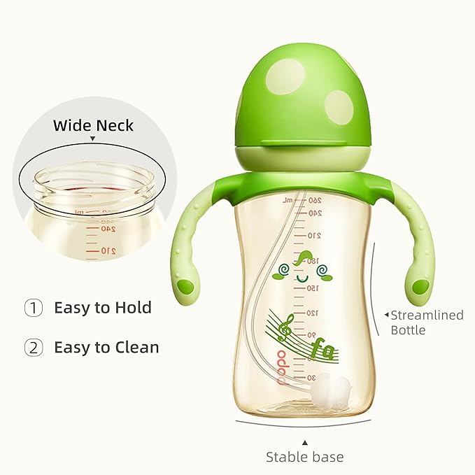 YOHKOH Natural PPSU Baby Bottle with Natural Response Nipple, Newborn Anti-Colic Baby Bottles with Handle, Wide Neck Mushroom Cap Baby Bottle (8.8oz (Pack of 2), Green1)