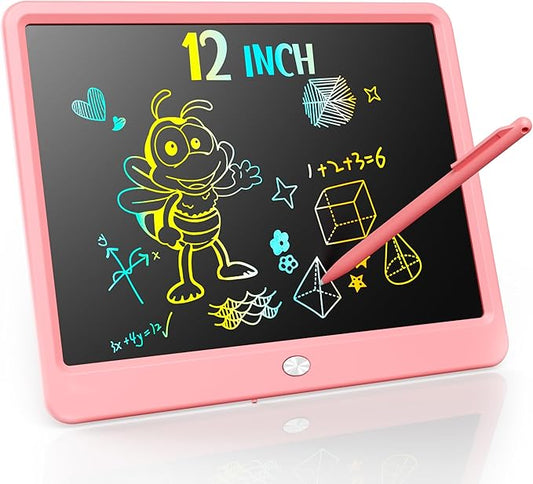 KOKODI LCD Writing Tablet, 12 Inch Colorful Toddler Doodle Board Drawing Tablet, Erasable Reusable Electronic Drawing Pads, Educational and Learning Toy for 3-6 Years Old Boy and Girls(Pink)