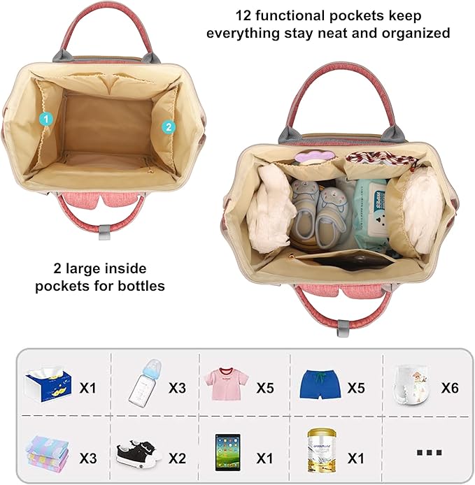 Diaper Bag Backpack Multi-Function Baby Bag With Large Capacity and Insulated Pockets Diaper Backpack Organizer Bag for Mom/Dad, Pink+Gray