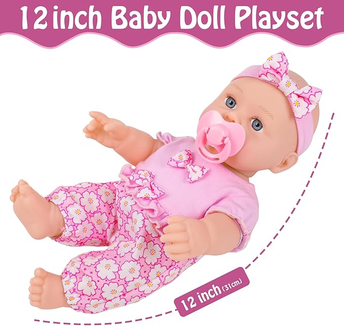 12 Inch Baby Dolls with Backpack Carrier Can Store Doll Clothes and Accessories,12" Reborn Baby Doll Set in Gift Box with Feeding Bottle Nipple Diaper for Kids Toddler Age 3+