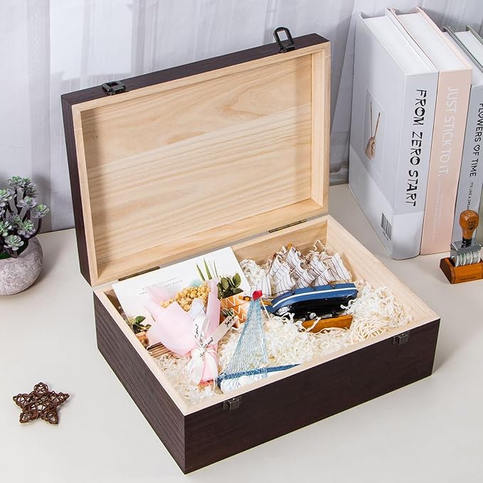 Wooden Storage Box with Hinged Lid and Front Clasp, Large Wood Storage Box, Wood Boxes Gift Boxes for Crafts Art Hobbies and Valentine's Day Decoration - 12.2''x8.6''x4.7'',Vintage Color