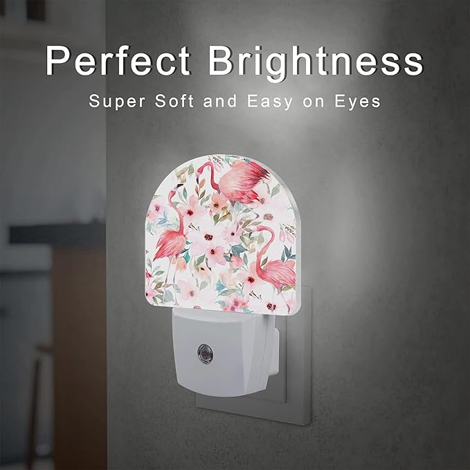 Pink Flamingos Flowers Night Light for Kids,Watercolor Tropical Floral Flamingo Night Light Plug in with Dusk to Dawn Sensor,0.5w Energy Saving Nightlight for Hallway Stairway Kitchen Bedroom