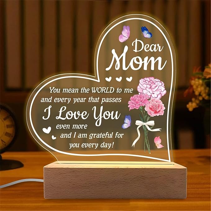 Carnation Heart Shape 3D Crystal Acrylic Light Base with Wood Stand, LED Light for Kids Room Decor, Gift for Mom on Birthday or Holiday, Home Décor Art Display