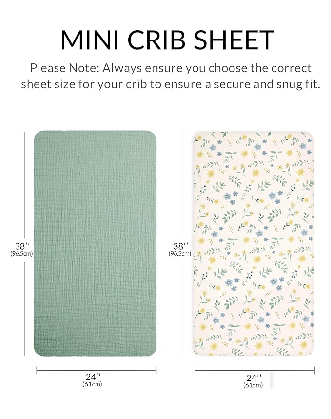 Mini Crib Sheets for Baby Boy Girl 2 Pack, Neutral Mini Crib Mattress Sheet 24" x 38", Muslin Nursery Bedding Soft and Breathable Comfort (Spring Garden & Sage)
