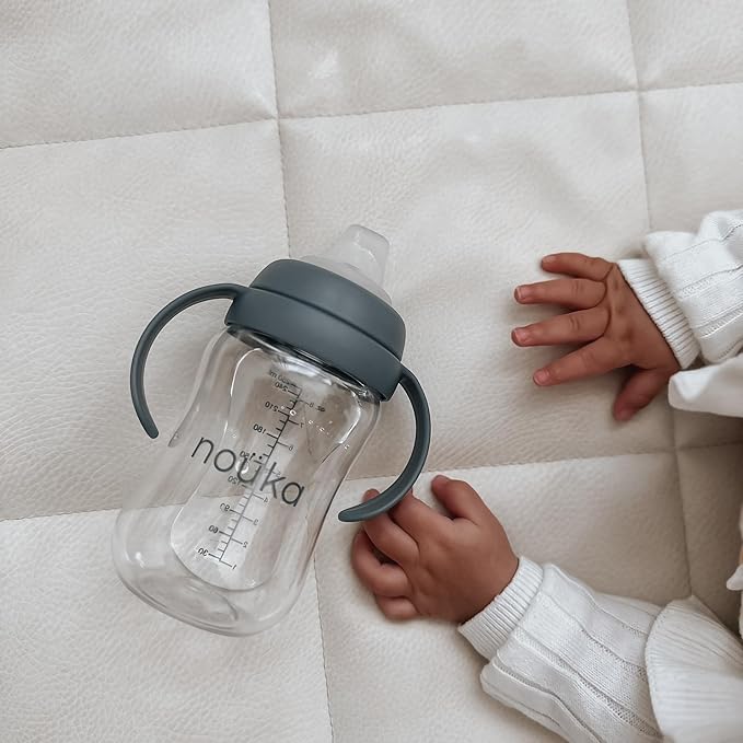 nouka Tritan Plastic Transitional Sippy Cup with Weighted Straw | Leak Proof and Easy Grip | Removable Handles | Fern