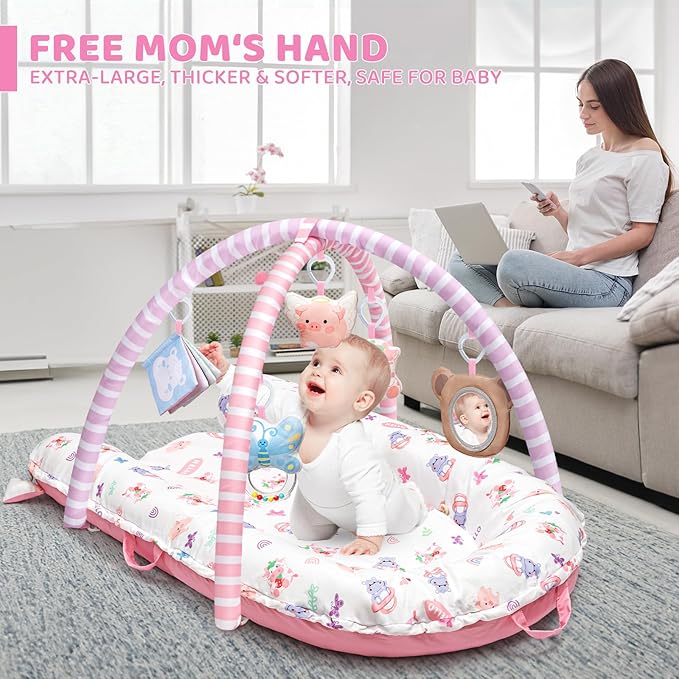 Pink Baby Play Mat, 7-in-1 Tummy Time Activity Gym Mat for Sensory and Motor Development, Washable Baby Lounger, Portable Newborn Nest for Home & Travel, Babies Gift for Infant 0-3-6-9-12-18 Months