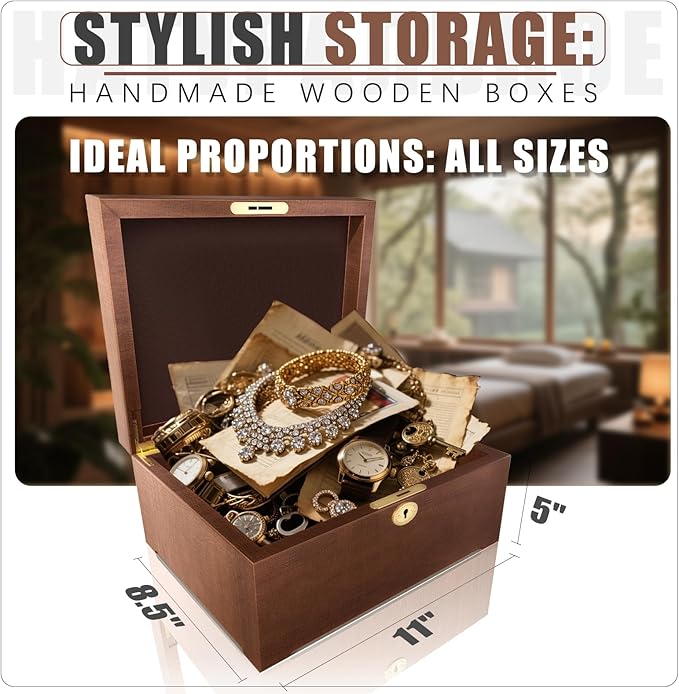 Locked Wooden keepsake box with Hinged Lid, Ash Wood Decorative Keepsake Box with Hinged Lid, Handmade Mortise & Tenon Joints, Durable Wood Box Storage for Jewelry & Valuables