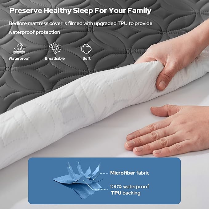 BEDLORE Waterproof Mattress Protector, Twin Size Mattress Pad with Deep Pocket 6"-15" Depth, Soft Breathable Dirt-Proof Single Bed Mattress Cover for Bedroom, Dorm Room (Gray)