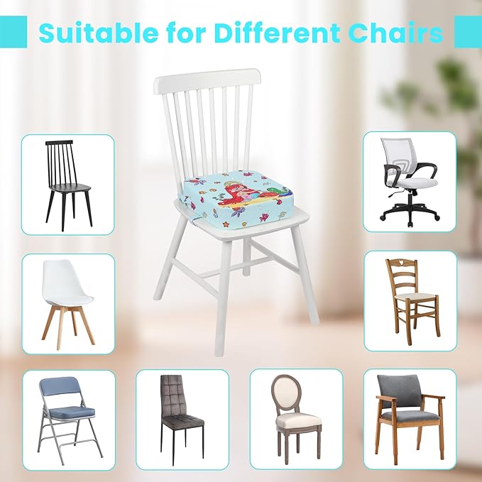 Toddler Booster Seat for Dining Table, Kids Booster Seat for Kitchen Chair with Non-Slip Bottom, Portable Detachable Washable Increasing Cushion with 2 Adjustable Straps (Mermaid)